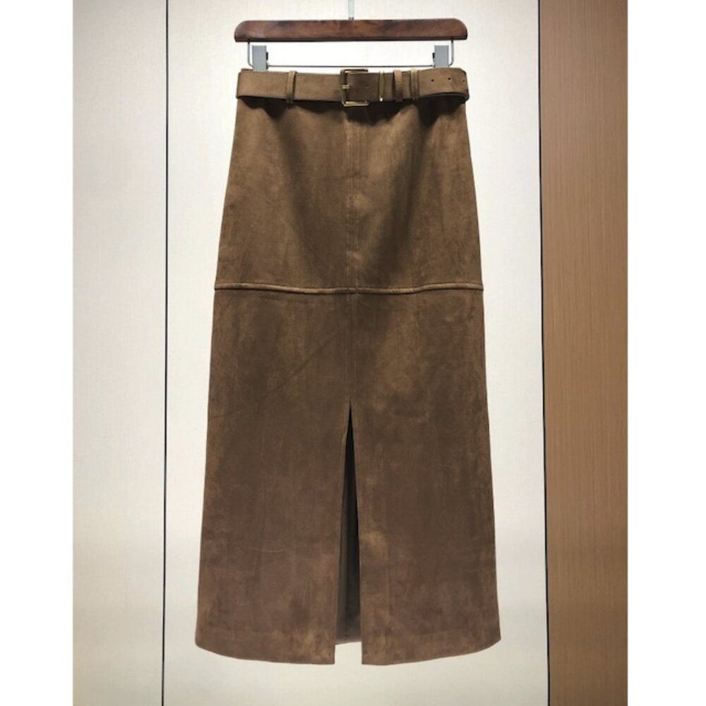 Cowhide Velvet Suede Belted Front Slit Midi Skirt